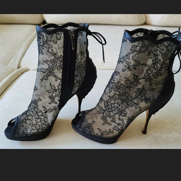 Dior Lace And Satin Mock Lace Up Peep Toe Booties - Picture 3 of 10